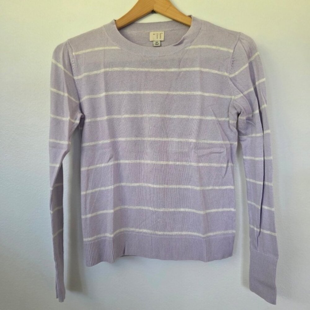 A New Day Long Sleeve Crewneck Lilac White Striped Sweater